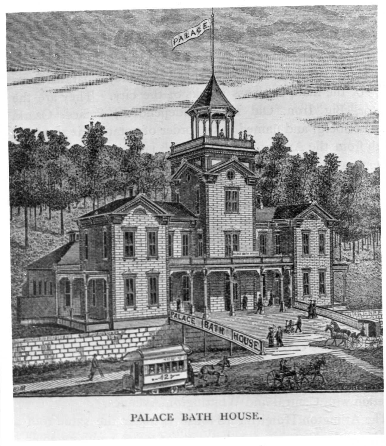 Black & white print; drawing or engraving
Palace Bathhouse engraving or bookplate; shows bathhouse from front c. 1890s
Portrait orientation, white border (wider at bottom)
On back, stamped name, "Mary D. Hudgins"; handwritten address "Mary D. Hudgins/1030 Park/Hot Sporings, Ark."