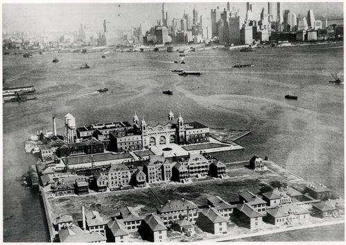 New York harbor, Bedloe's Island and the Statue of Liberty, and Ellis Island, ca. 1930