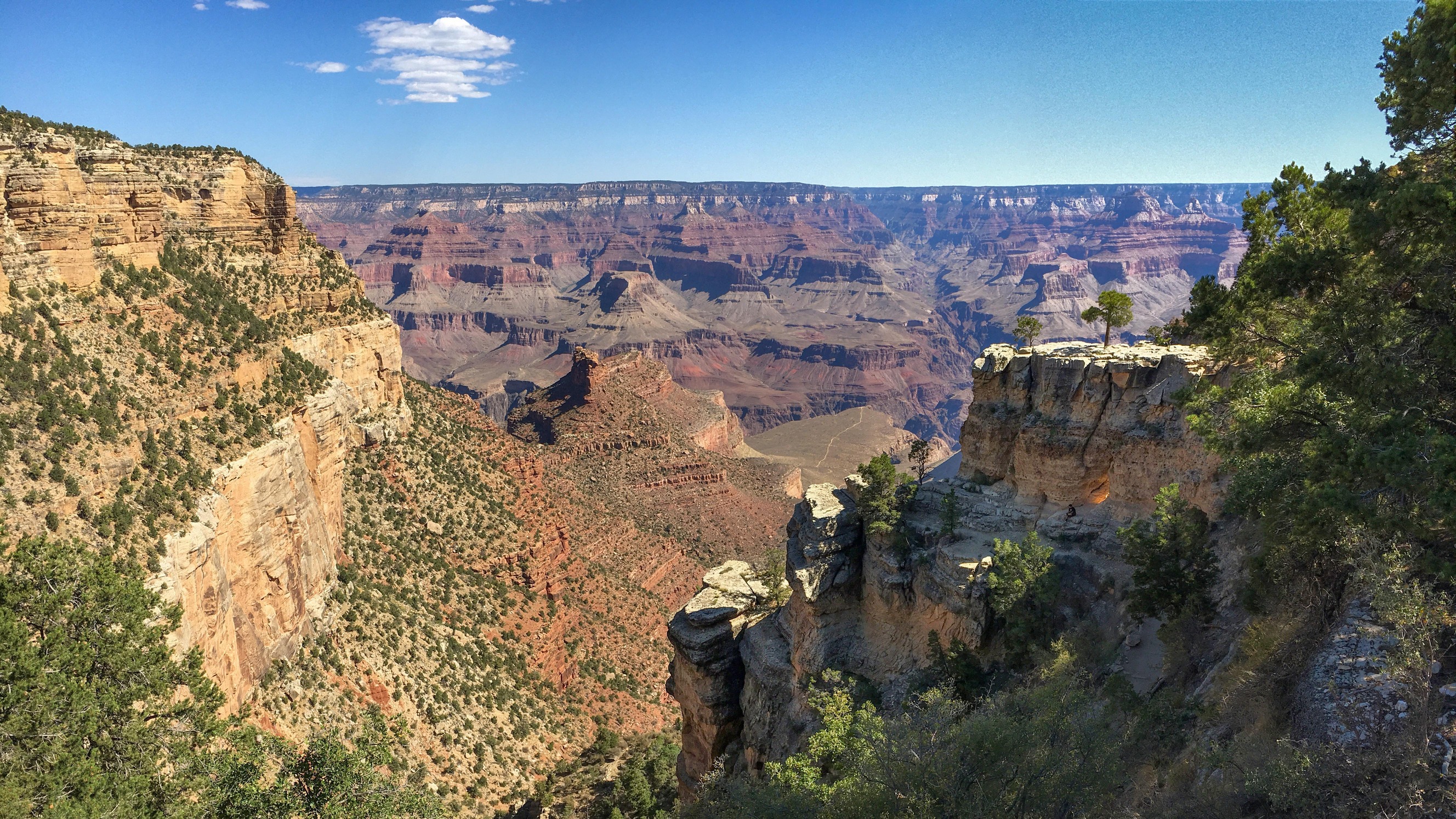 Looking past a limestone outcropping at colorful cliffs and peaks within a vast canyon. 