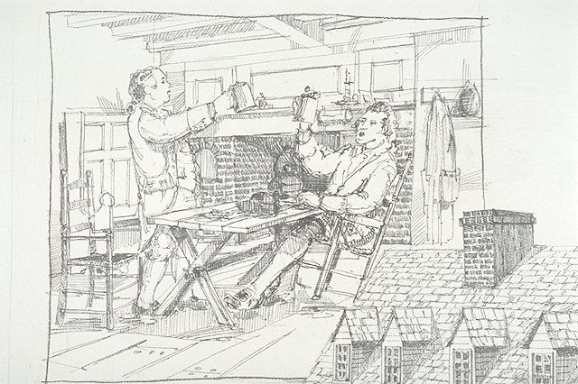 Conceptual illustration depicts townspeople drinking in Samuel Davison's tavern, or public house.