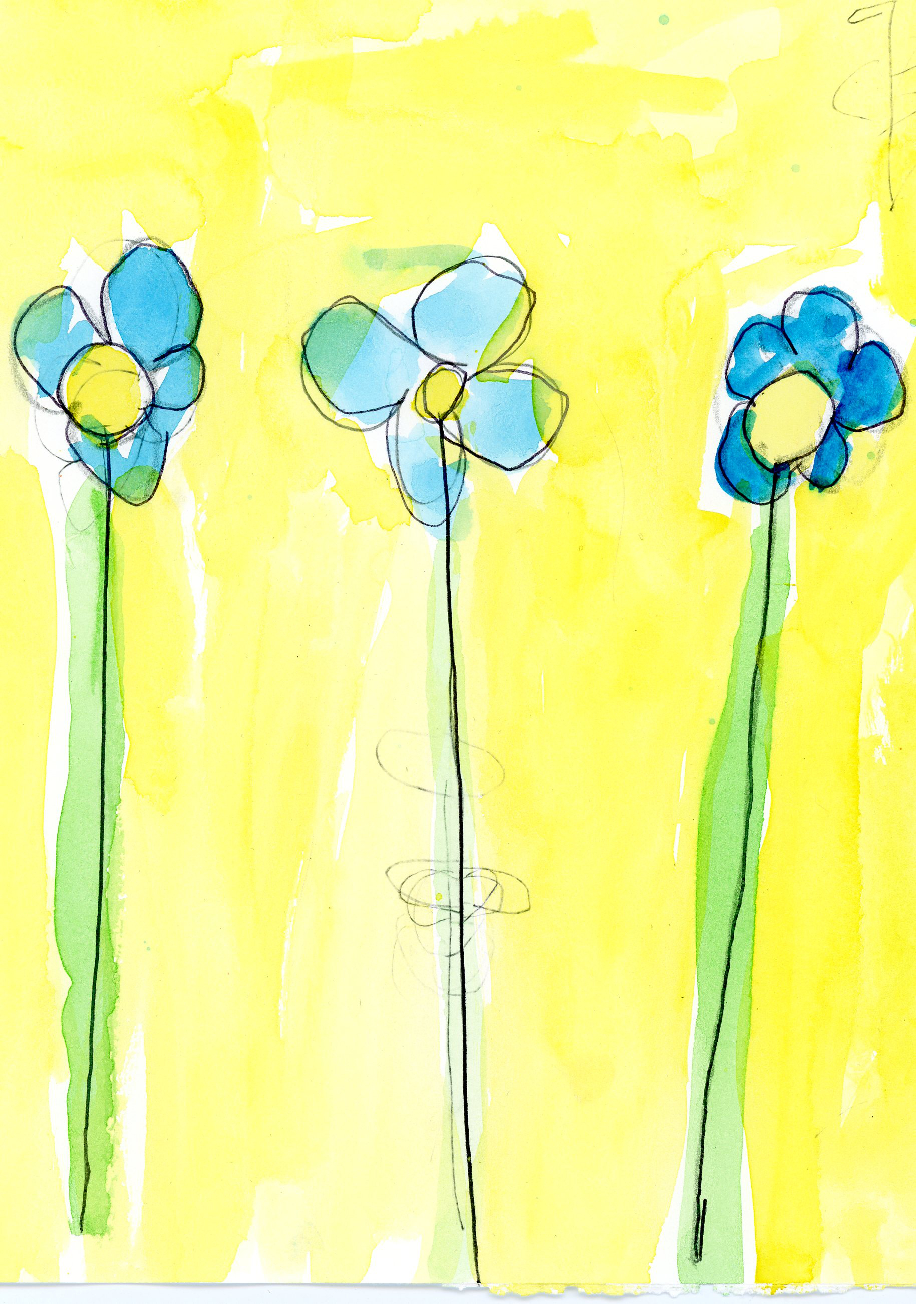 painting of three blue flowers on long stems with yellow background
