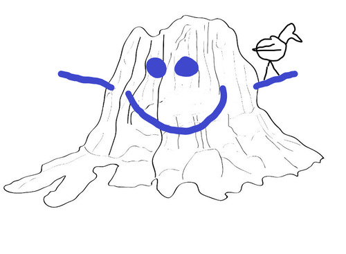 Line drawing of Big Stump with smiley face and bird. 