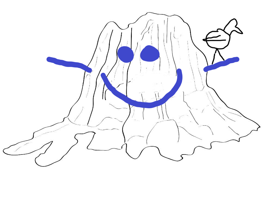 Line drawing of Big Stump with smiley face and bird. 