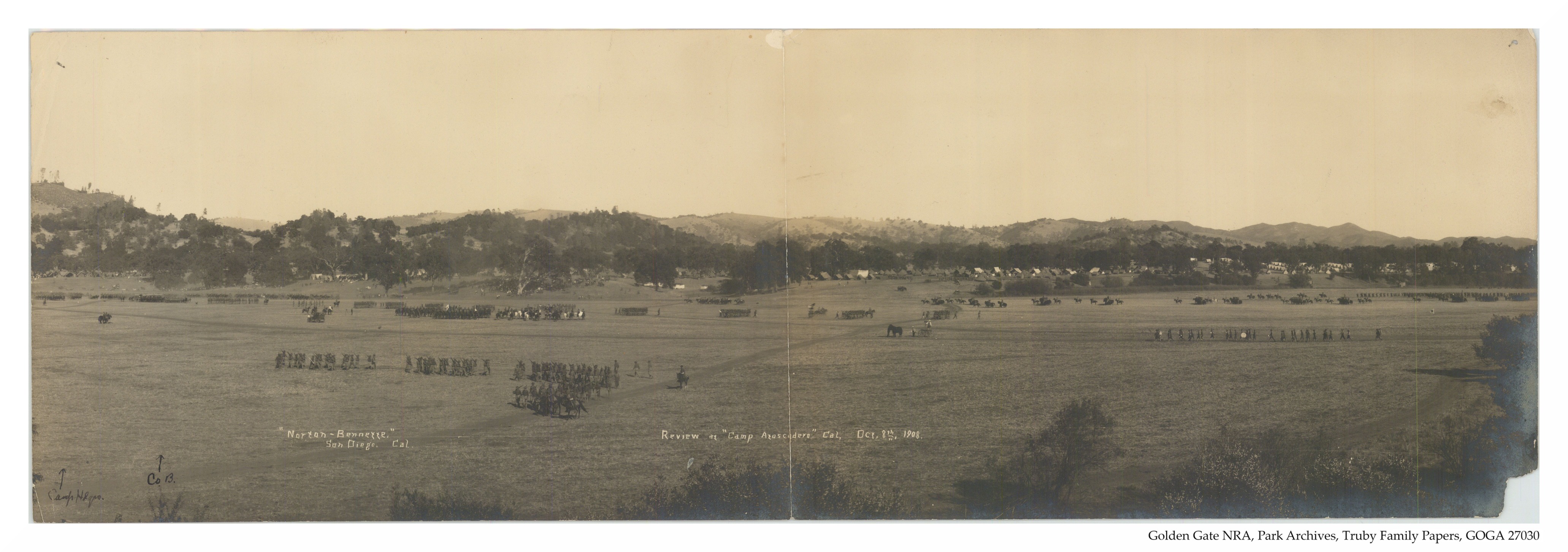 Panoramic of troop movements taken in 1908 at Camp Atascadero, California  