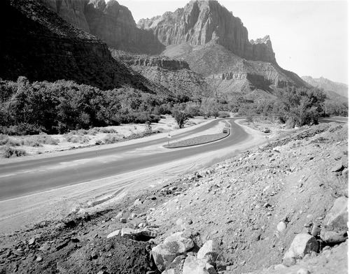 Traffic separator at Mission 66 Visitor Center and Museum. Project: realignment of Highway 1 (park highway).