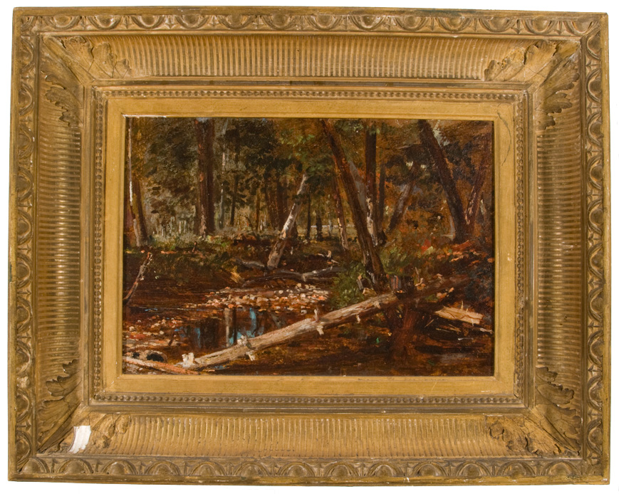 Painting of forest in fall with downed tree in foreground, small clearing with pool of water in midground