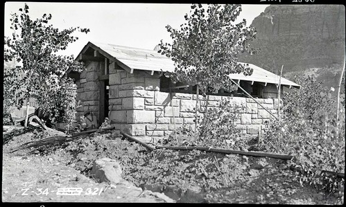 B&W negative showing comfort station construction, South Entrance campground.
