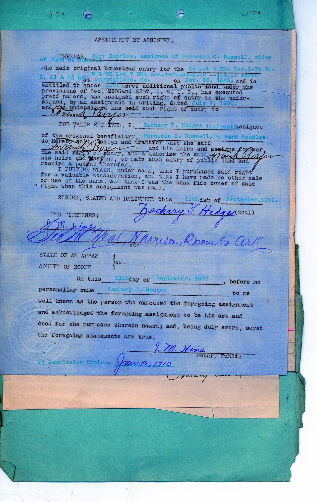Scanned image of a land assignment form. See description for text.