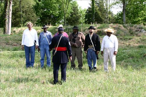 Civil War interpreters of  men training to join the U.S. Colored Troops at Stones River National Battlefield, April 2004