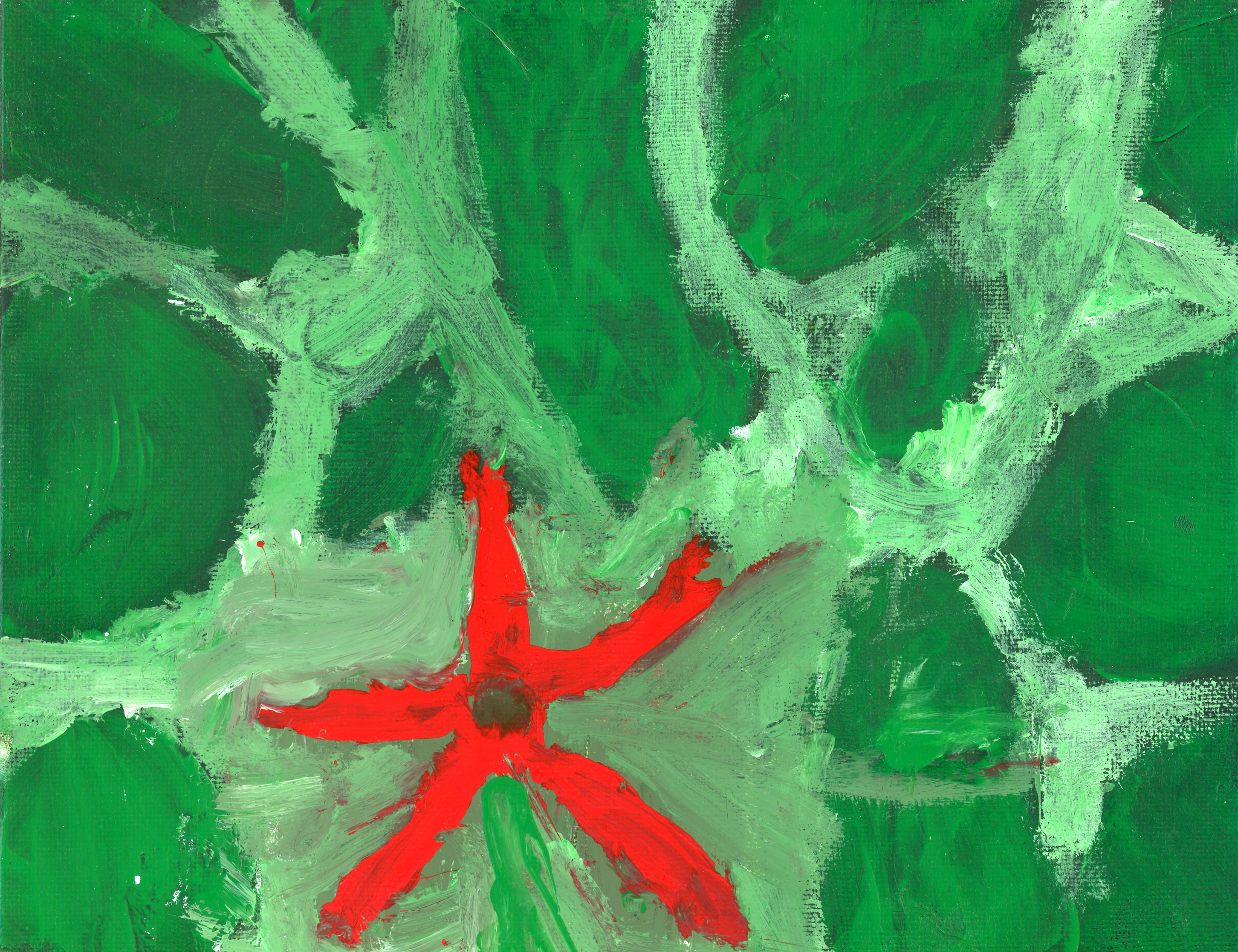painting of a red petaled flower with green background