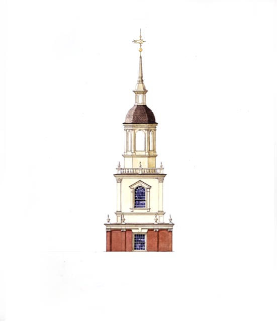 1776 Bell Tower was composited mechanically as a substitute tower with the illustration of the Pennsylvania State House to show the appearance of "Independence Hall" during the mid-1770s.