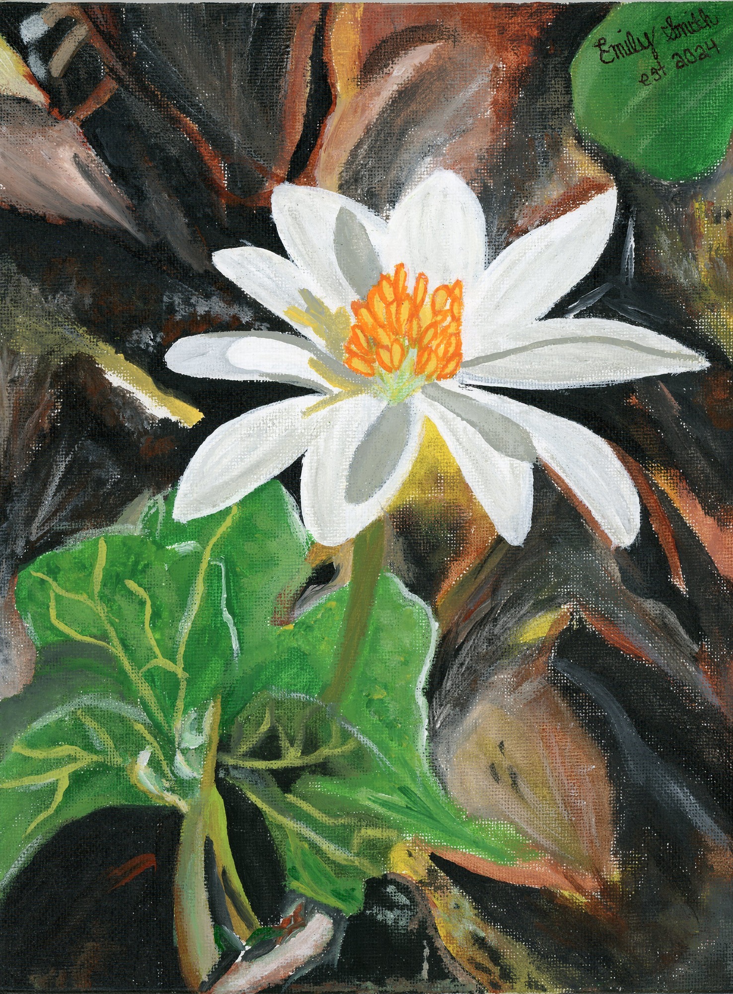 painting of a white and yellow flower with green leaves and brown background