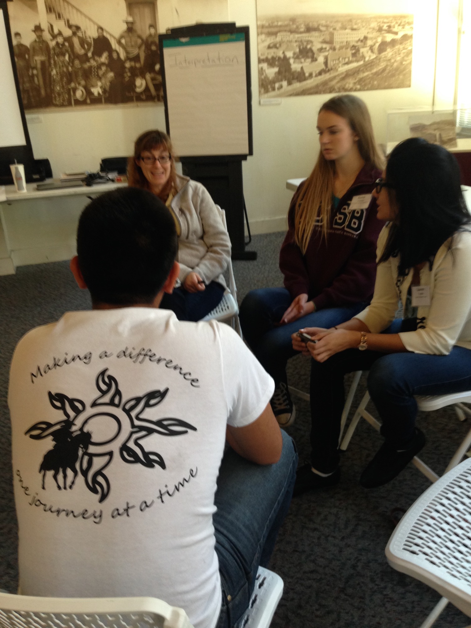 Four people sit in a circle in front of a large paper that reads "Interpretation"