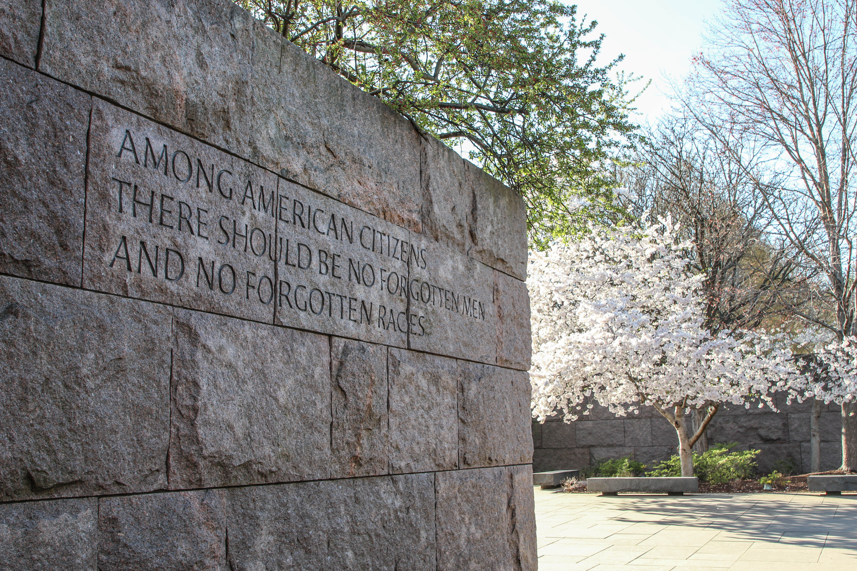 Memorial wall with a quote by Franklin Roosevelt "Among American citizens there should be no forgotten men and no forgotten races."