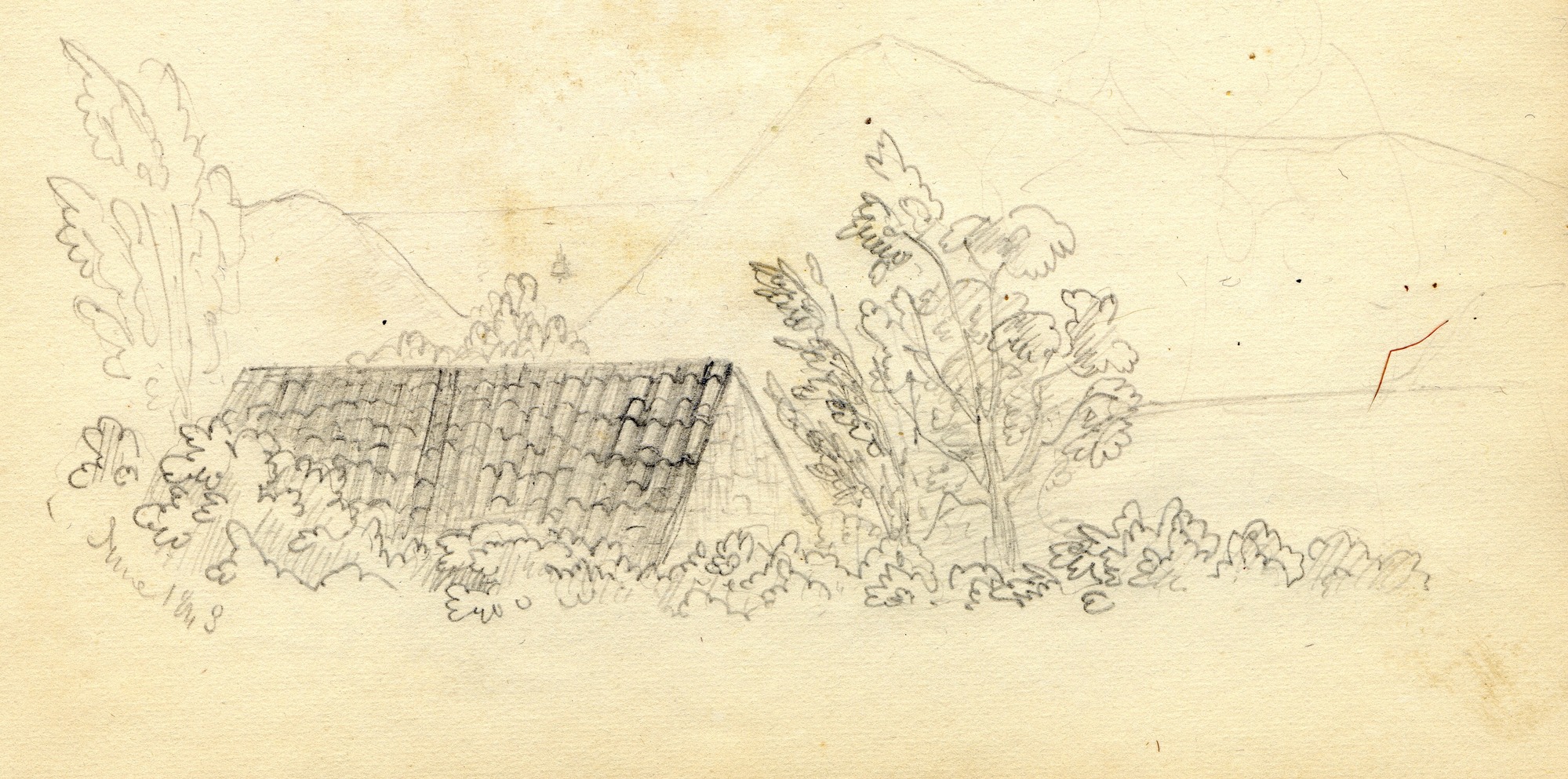 Pencil sketch of landscape with building in foreground and mountains in background
