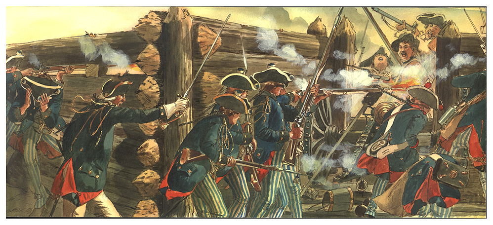 American troops overwhelming British forces at the Breymann Redoubt just before midnight on October 7, 1777.