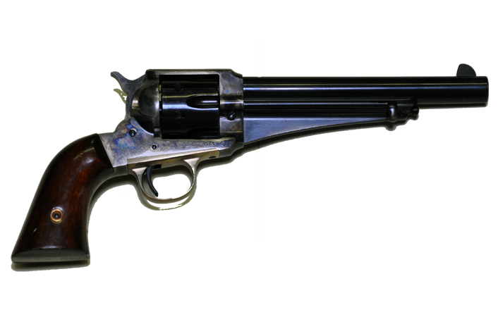 A revolver made of dark metal and wood with silver-toned hardware.