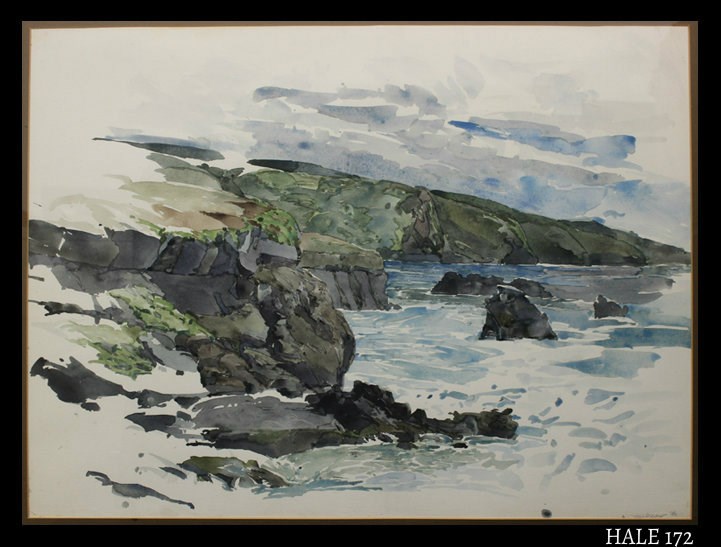 watercolor painting depicts a scenic northeast view of the Kīpahulu shoreline and ocean.