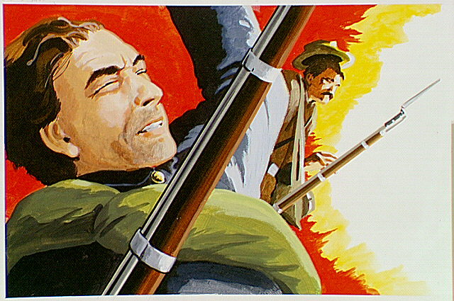 Confederate soldiers being hit by rifle fire from Union troops under Colonel William Babcock Hazen's command.