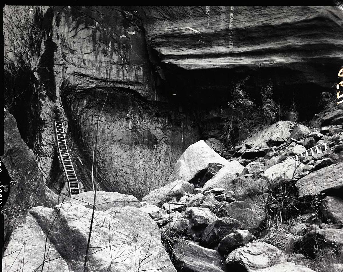 Construction of ladder used to access the water supply source (spring on wall) for the comfort station at the Temple of Sinawava.