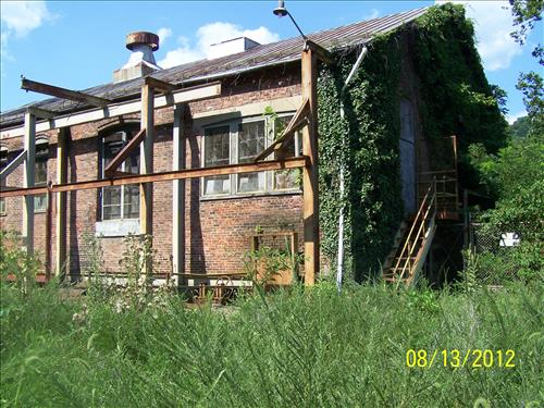Photograph views of the historic Hydroelectric Plant building on August 13, 2012, which show the deteriorating exterior conditions which justify the project stabilzation work; Harpers Ferry National Historical Park/NPS.