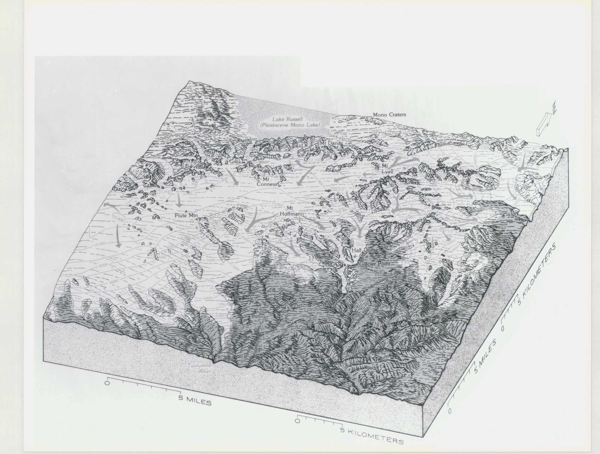 Topographic Map of Yosemite National Park with Arrows