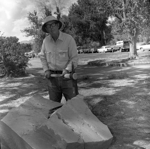 Jim Felton demonstrating the art of stone cutting and rock work at the second annual Folklife Festival, Zion National Park Nature Center, September 7-8, 1978.