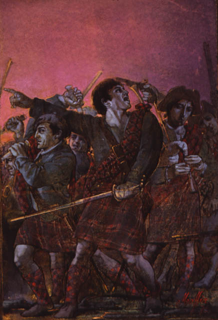 Illustration depicts loyalists of North Carolina including Highlanders and Regulators supporting the British Crown advancing toward patriots of North Carolina (not shown) at Moores Creek Bridge.