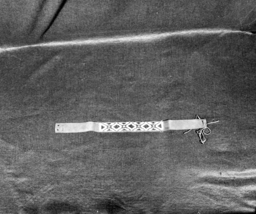Marie Rozier Collection, Catalog No. 206. Object: Campfire girl headband. Dimensions: 20 x 1/14". Materials: White and black beads on commercial leather band. Collection History: Made in 1930s. Used by Miss Rozier as Campfire Girl Leader. Photographed by Michael Dixon, December 1982. Catalogued by Craig Bates and Barbara Beroza. Yosemite Collections, National Park Service.