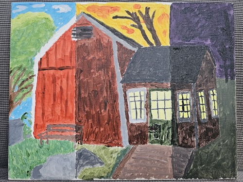 A painting of a barn depicted in three seasons and three times of day