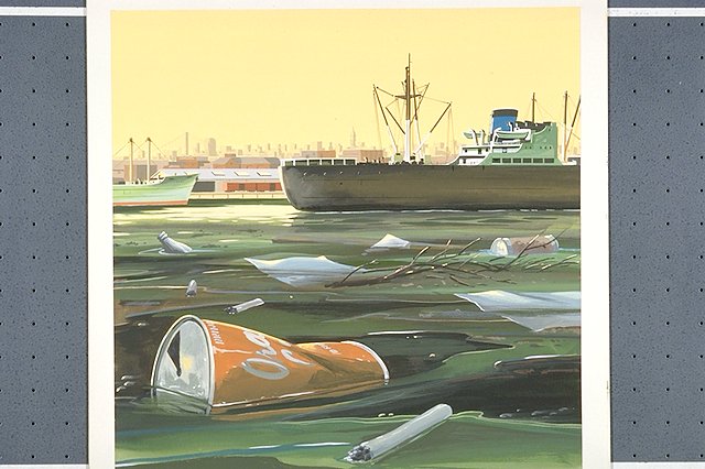 River and stream (water) pollution depicts garbage floating in the Delaware River in a contemporary setting.