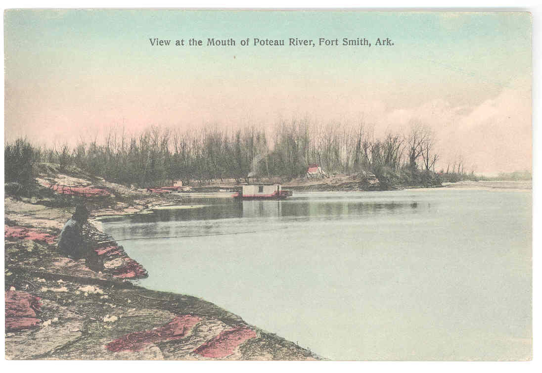 A postcard showing the rocky shore of the Poteau River with a pink and green sky over blue water. A man sits on the rocks at the shore and a houseboat sits in the water.