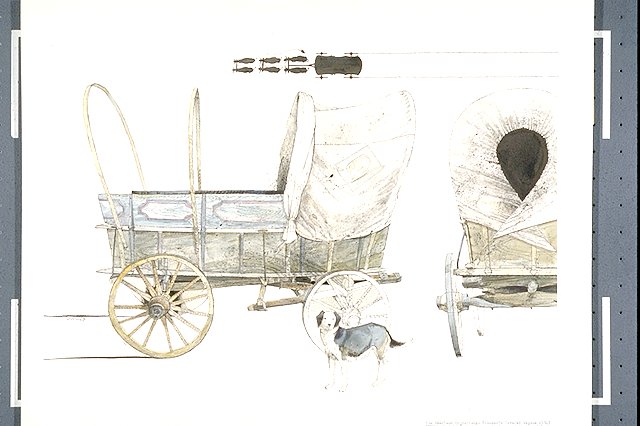 Side profile view with a dog and a partial rear view of a comparatively light, Midwestern farm or pioneer covered wagon, c1840s. An unpublished silhouette at the top of the illustration depicts a top down wagon with a six oxen team.