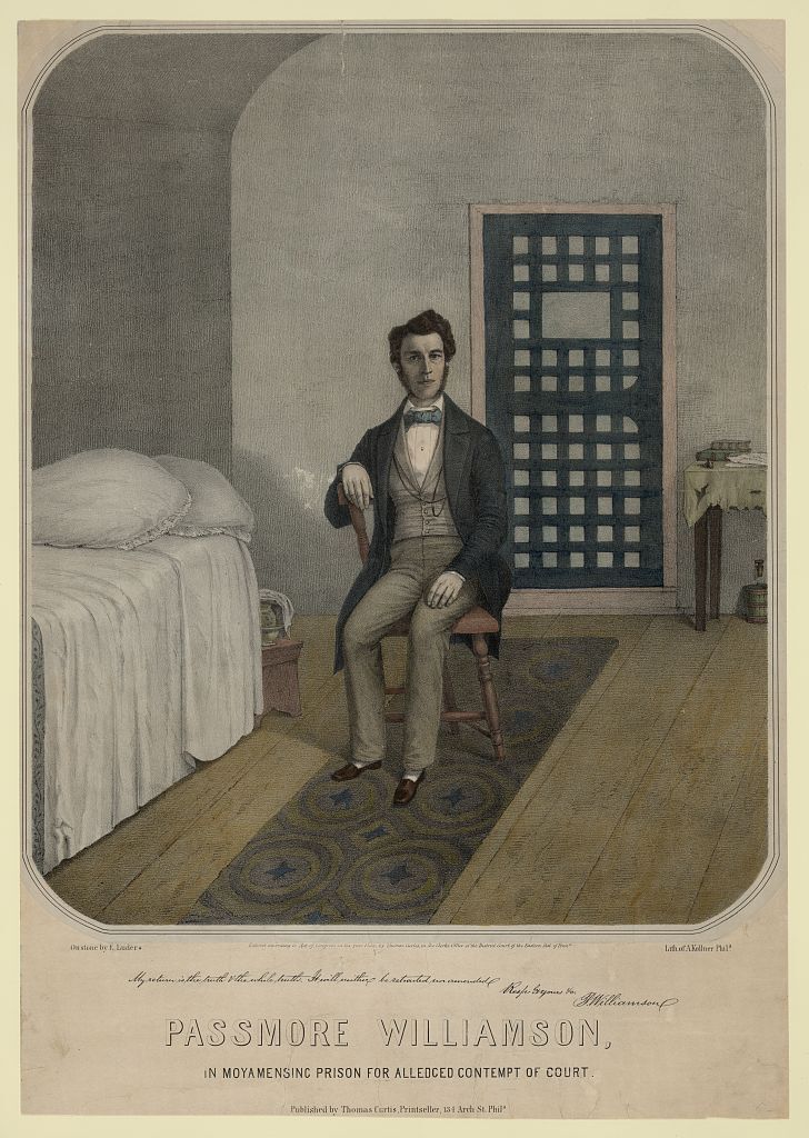 Illustrated image of Williamson sitting in a prison cell. 