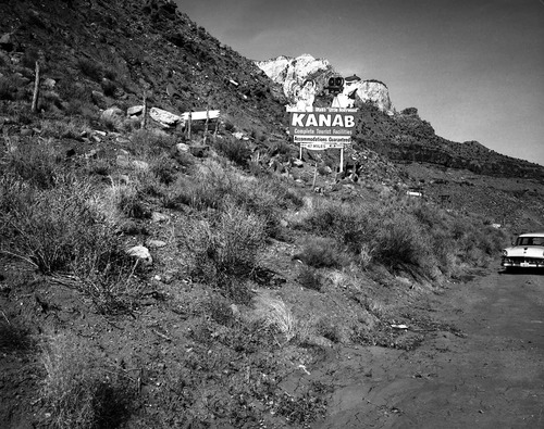 The roadside signs in Springdale, 'Kanab - the Little Hollywood of Utah' - rear view of sign.