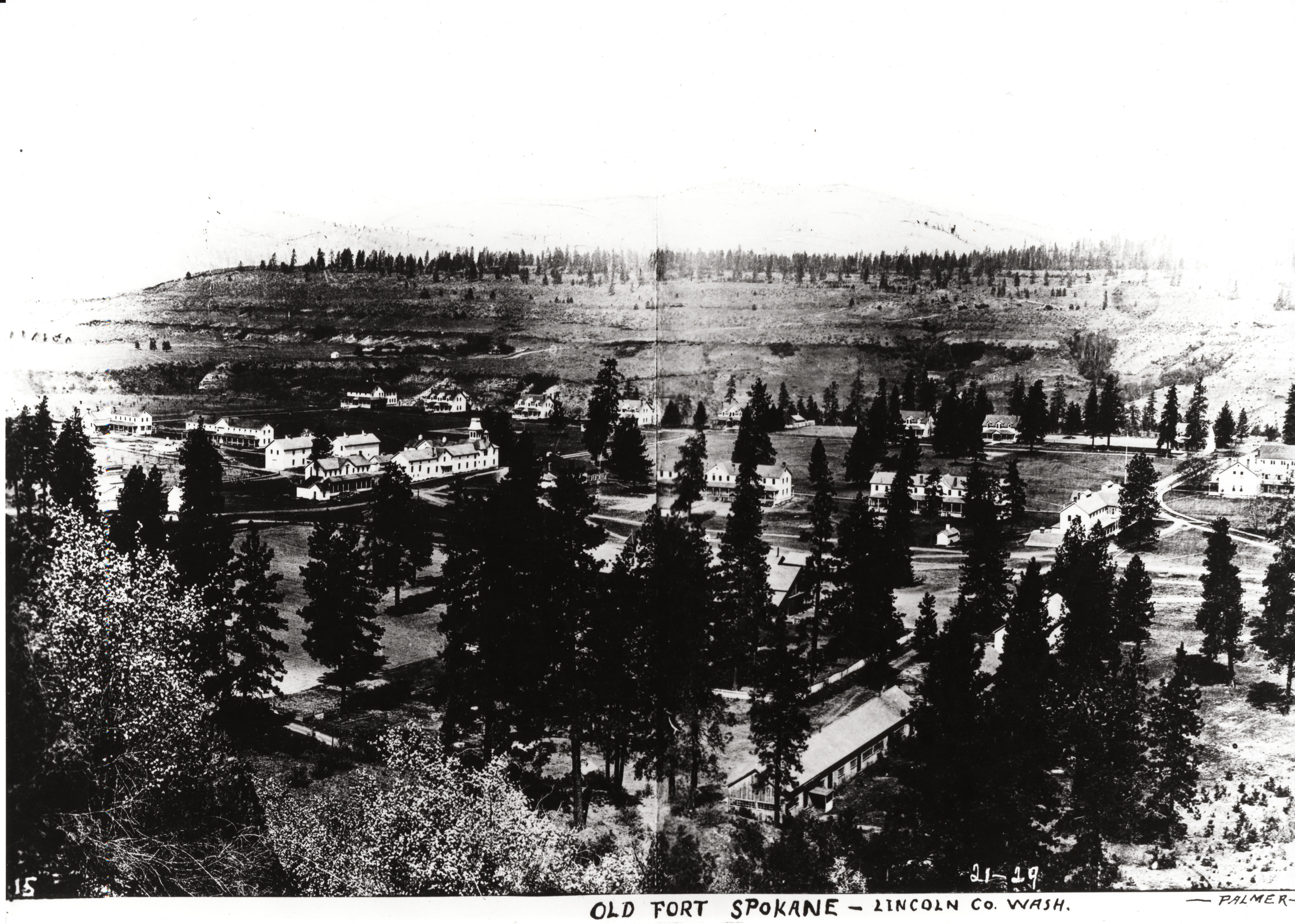 Black and white photograph of buildings and trees in a valley