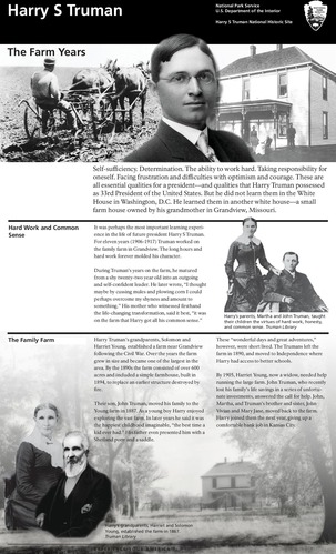 Site bulletin/ brochure with images of a young Harry Truman, his family's farm home, his parents and grandparents