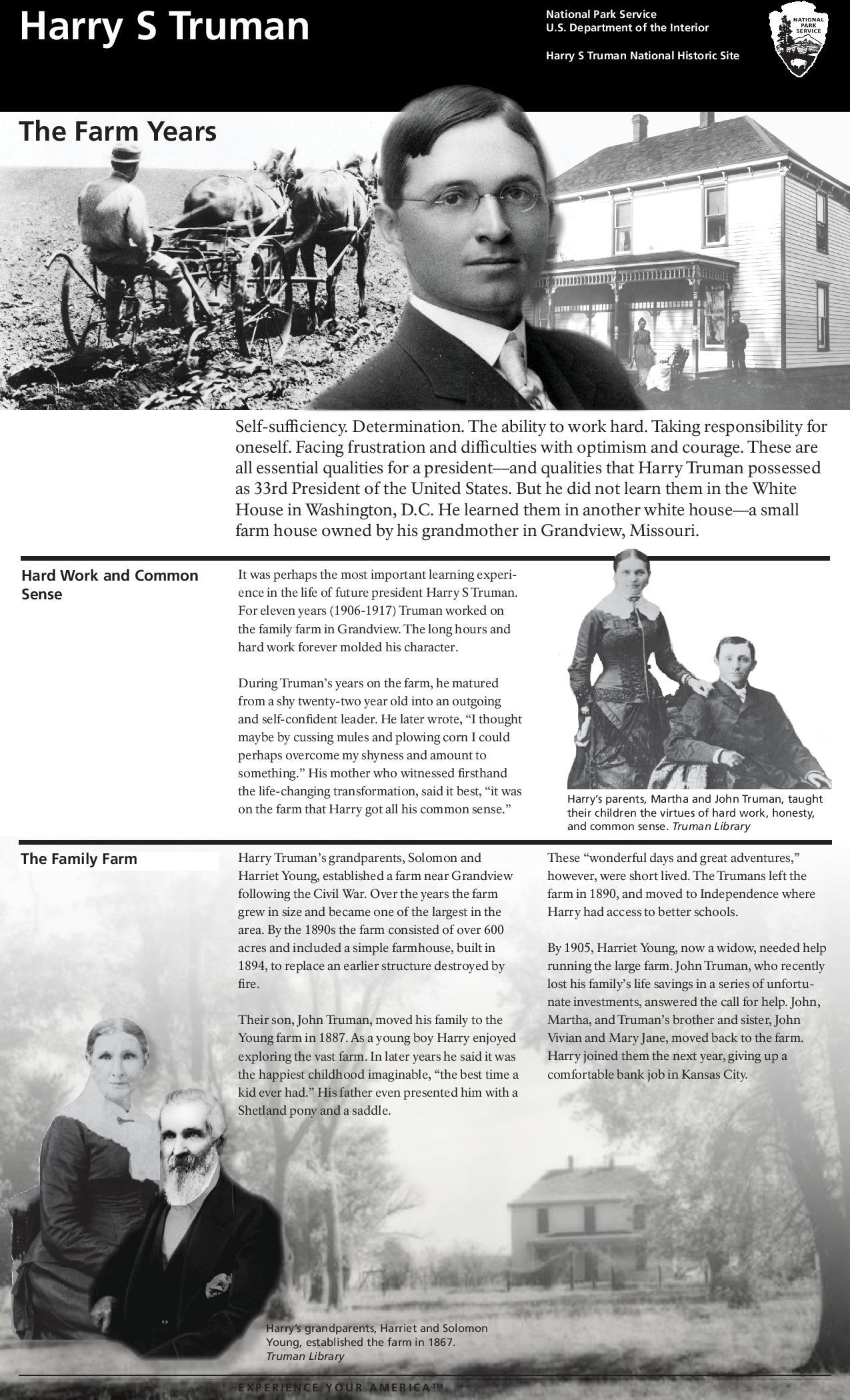 Site bulletin/ brochure with images of a young Harry Truman, his family's farm home, his parents and grandparents