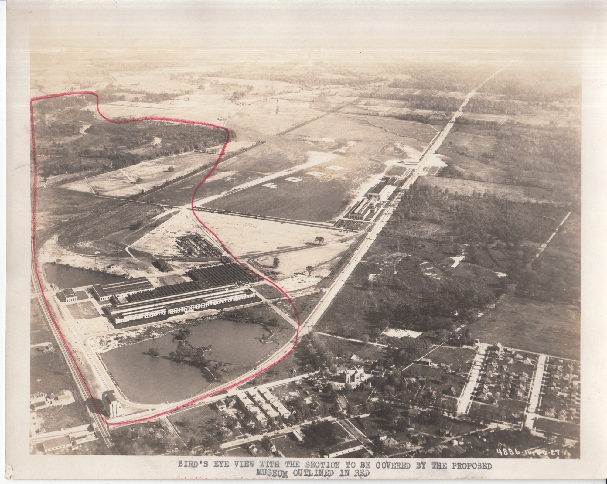 Aerial view of Dearborn, Michigan, showing land on which Henry Ford Museum would be built.