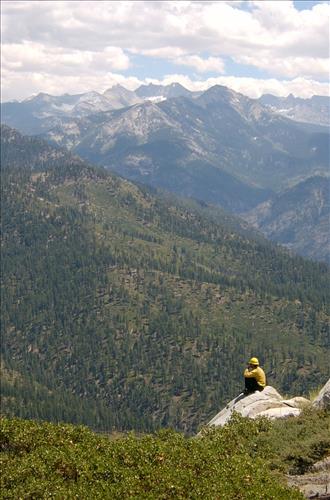 Fire monitors observe fire activity on the Comb Complex wildfire, Sequoia and Kings Canyon National Parks, July 2005