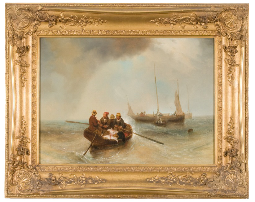 Seascape with four fishermen in rowboat in foreground and two large sailboats and a rowboat in the background