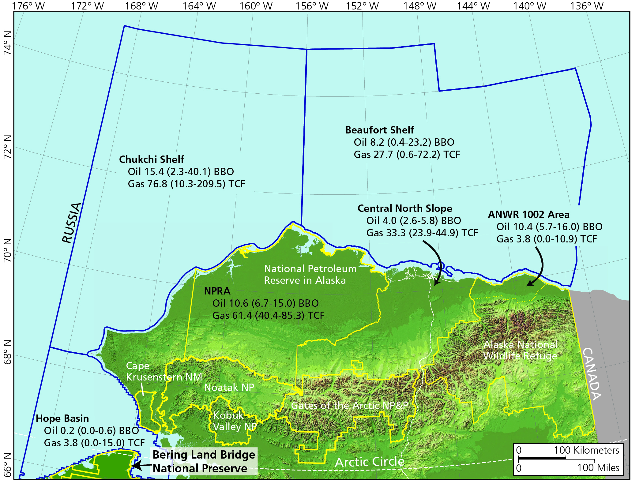 Map showing estimated undiscovered oil and gas resources in northern Alaska. National Park Service boundaries are delineated in yellow. 