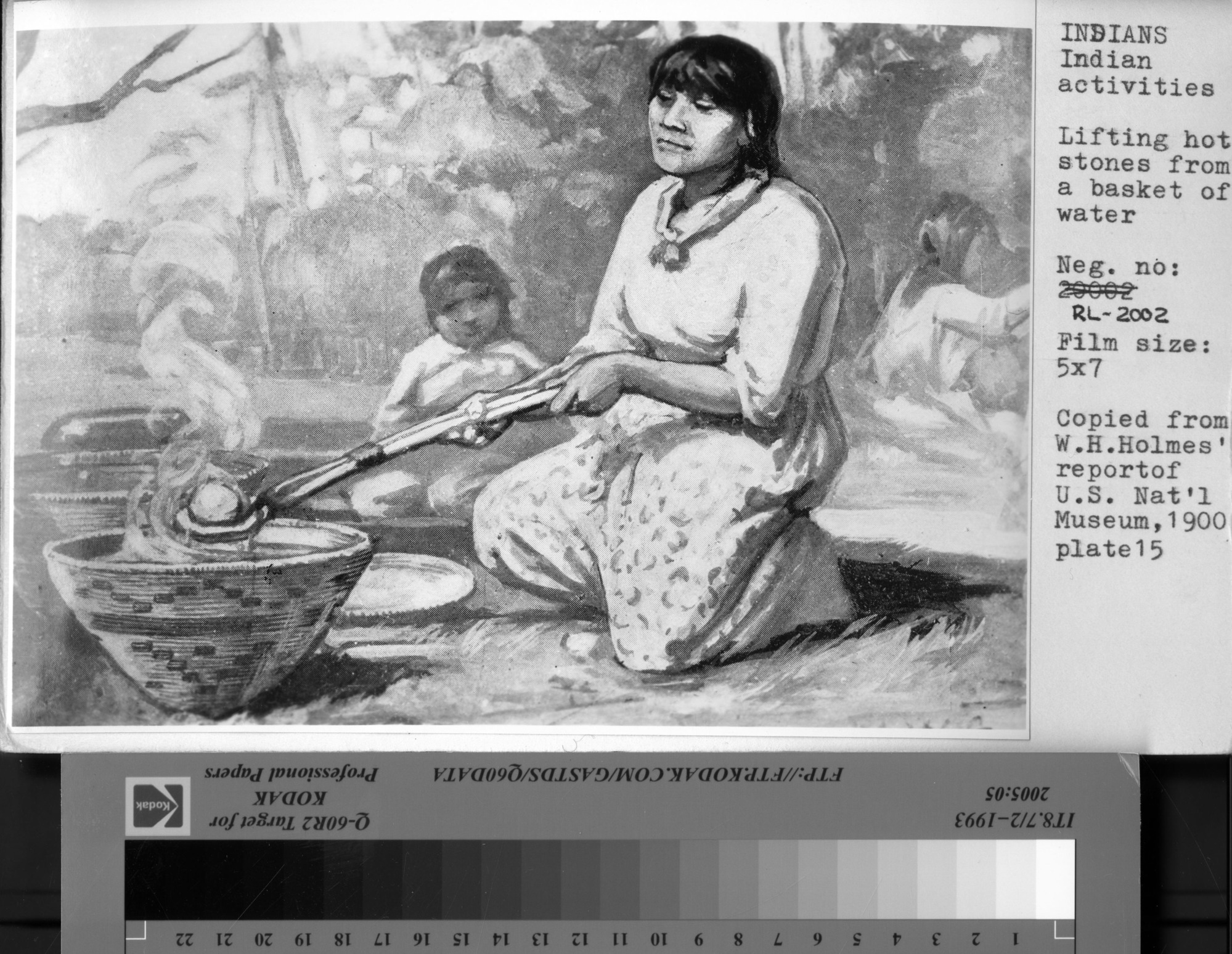 Lifting hot stones from a basket of water. Copied from W.H. Holmes report U.S. National Museum, 1900 plate 15.