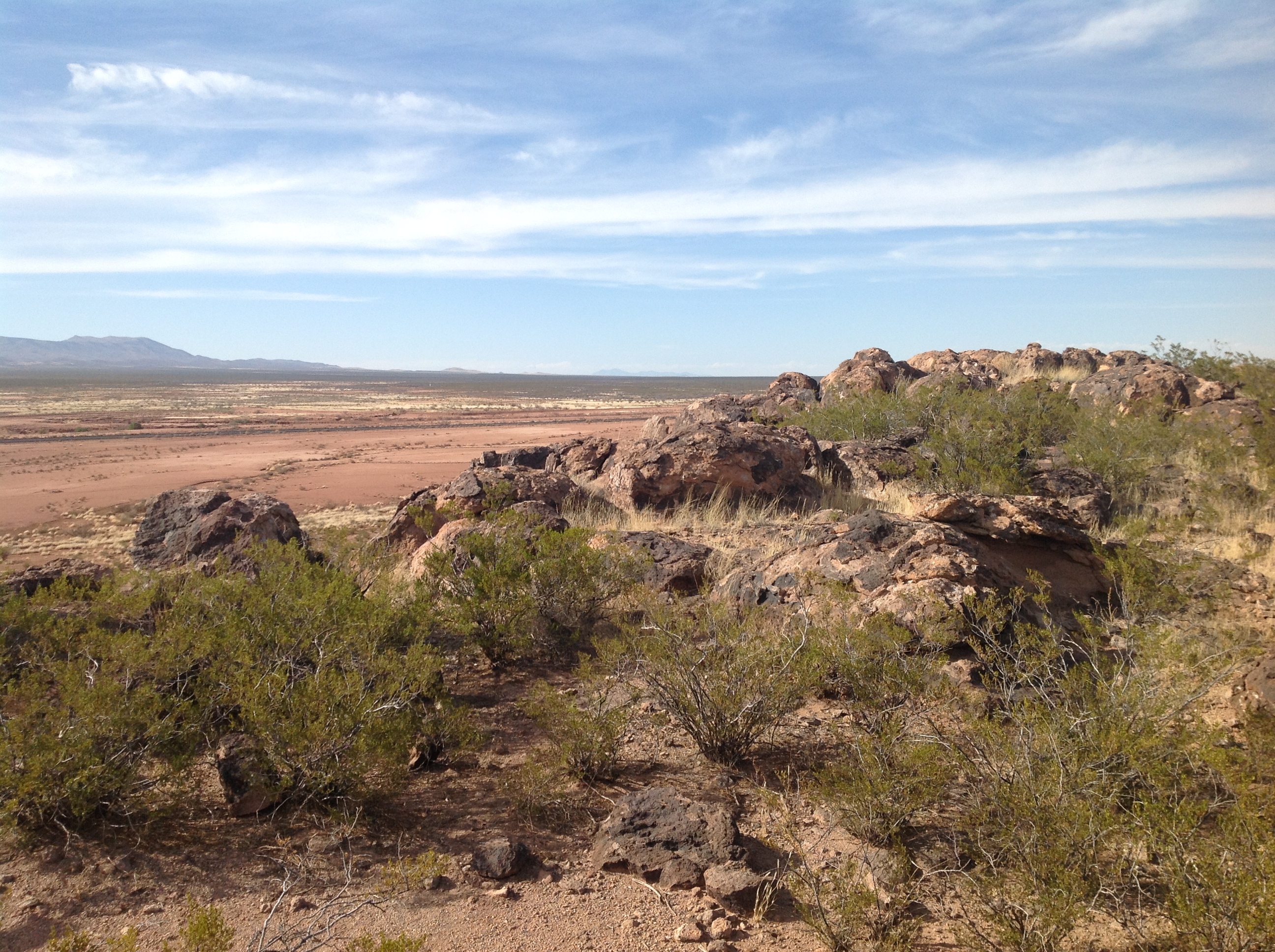 A desert landscape with rocks and bushes.