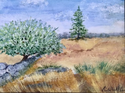 A painting of a grassy meadow with a stone wall surrounding it on one side.