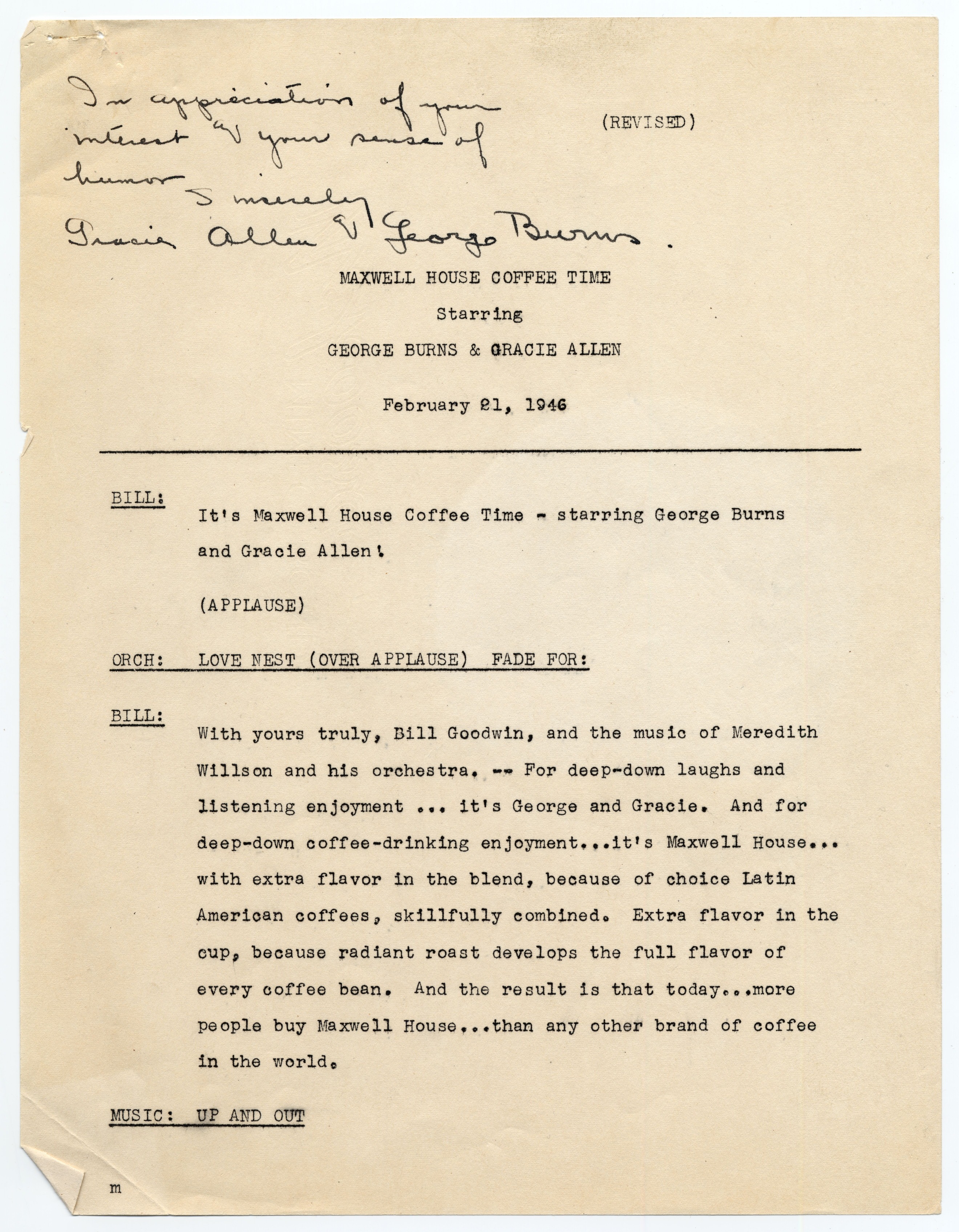 A typed script with 39 pages. In the top left corner of the first page is a note and signature written in black ink.