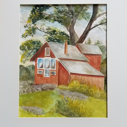 A painting of red building with a rocky outcropping in front of it.
