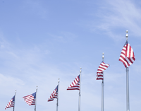 A line of American flags on silver flag poles in a blue sky.