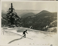 Person Skiing in Lassen Park. Arthur G. Holmes Collection Album 5: Original print of skier featured in L.A. Times and D.C. Star