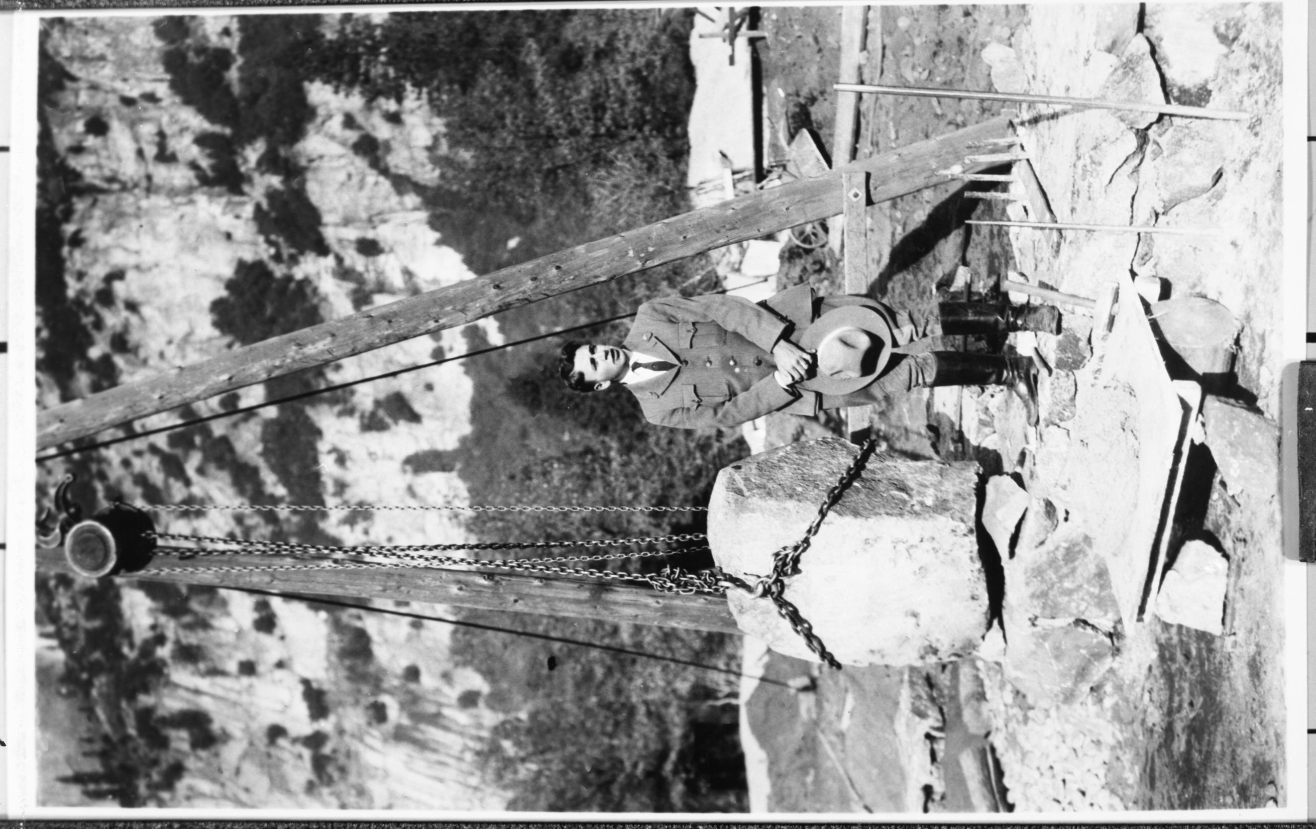 Hall standing by cornerstone. YNP Collection, Cat. #9869